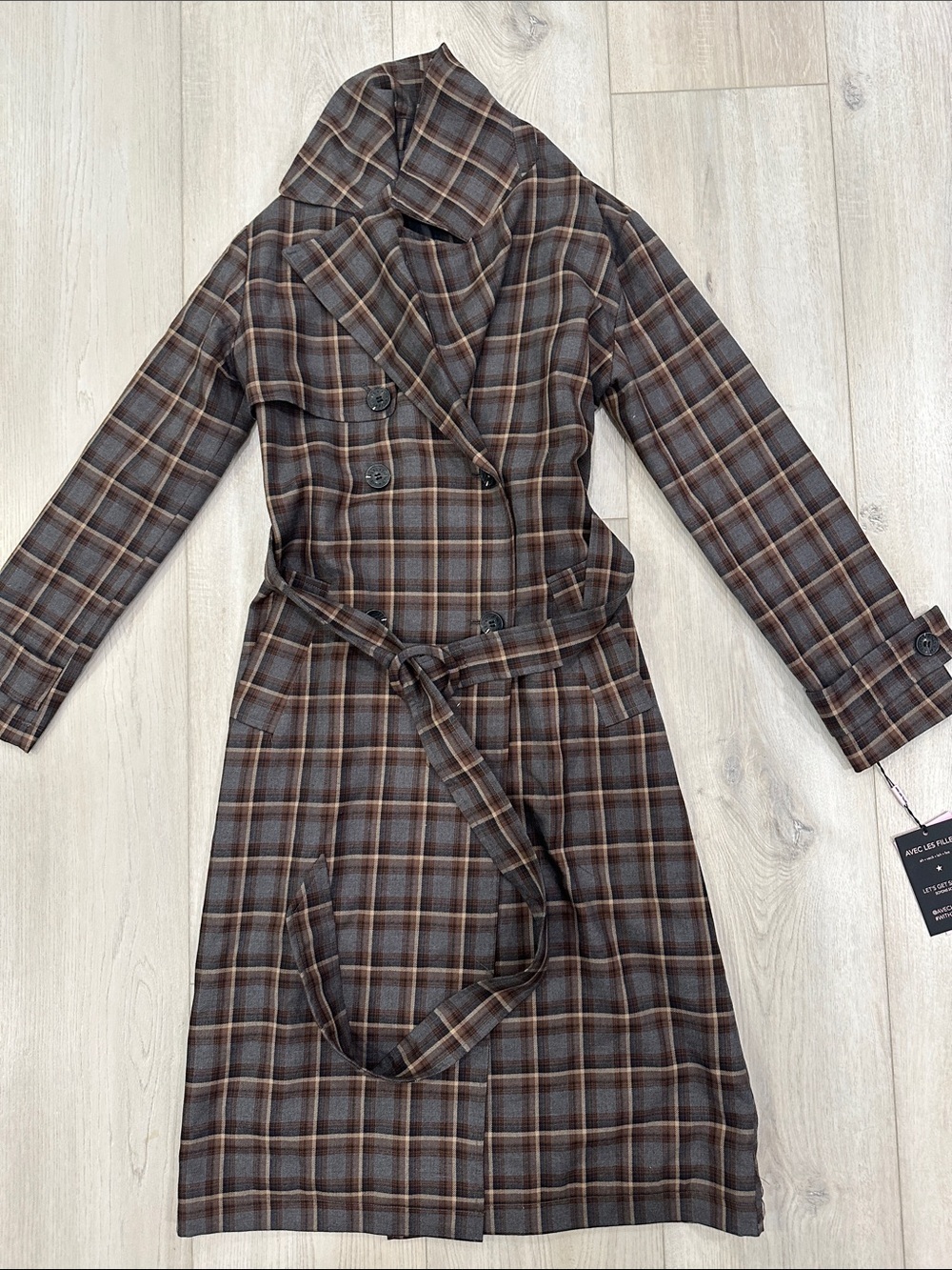 Avec Les Filles Grey Brown Plaid Belted Trench Coat XS